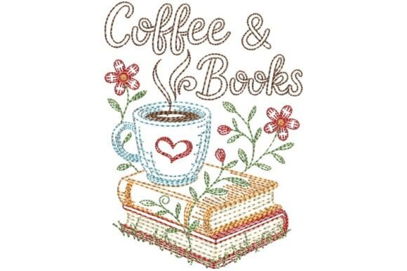 Coffee Books Embroidery File 4x4: A Cozy Design for Book and Brew Lovers